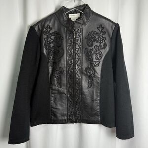 Coldwater Creek Embroidery Ribbon Detail Leather Acrylic Wool Blend Jacket Sz PM